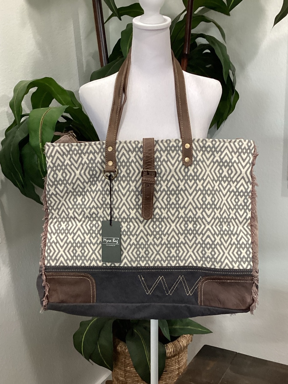 Myra Bag Neutral Geometric Canvas Tote with Brown Leather Trim